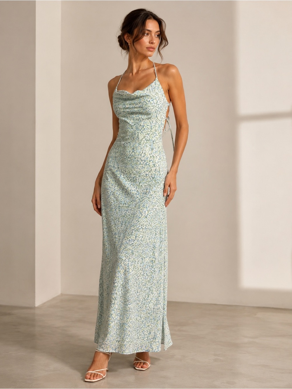 Light Blue Floral Maxi Dress with Cowl Neck